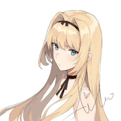 Rule 34 | 1girl, aiko (kanl), blonde hair, blue eyes, breasts, choker, copyright request, hair intakes, hair ribbon, long hair, looking at viewer, ribbon, ribbon choker, sidelocks, signature, simple background, small breasts, solo, tsurime, upper body, white background