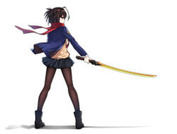 Rule 34 | 1girl, ahoge, black footwear, black hair, black skirt, boots, brown pantyhose, commentary, english commentary, full body, healther, highres, katana, original, pantyhose, pleated skirt, profile, red eyes, red scarf, scarf, school uniform, serious, simple background, skirt, solo, standing, sword, weapon, white background