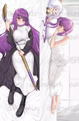 Rule 34 | 1girl, barefoot, bed sheet, black footwear, black robe, blush, breasts, bright pupils, character doll, commentary, dakimakura (medium), dress, fern (sousou no frieren), frieren, highres, holding, holding staff, large breasts, long hair, looking at viewer, lying, multiple views, on back, on side, purple eyes, robe, sideways, smile, sousou no frieren, staff, very long hair, washout008, watermark, white dress, white pupils