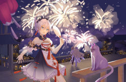 Rule 34 | 3girls, absurdres, back, bare shoulders, bianka durandal ataegina, blue eyes, cat, china dress, chinese clothes, chinese new year, city, city lights, cityscape, dress, fireworks, hair between eyes, hand fan, happy new year, highres, holding, honkai (series), honkai impact 3rd, lantern, long hair, looking at viewer, multiple girls, new year, night, night sky, outdoors, rita rossweisse, sky, theresa apocalypse, zhuge kongming (honkai impact), yichuanxue, zhuge kongming (honkai impact)