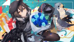 Rule 34 | 1girl, arknights, beret, black cape, black gloves, black hat, black pantyhose, blue background, blue flower, bouquet, box, brown hair, cape, celebration, character doll, doctor (arknights), flower, gift, gift box, gloves, grey shirt, hair between eyes, hat, highres, holding, holding bouquet, looking at viewer, multicolored hair, pantyhose, plume (arknights), sasa onigiri, shirt, short hair, smile, solo, streaked hair, streamers, stuffed animal, stuffed bird, stuffed toy, two-tone hair, white hair, yellow eyes