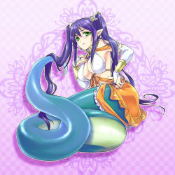 Rule 34 | 1girl, breasts, detached sleeves, er (servererror), game cg, green eyes, jewelry, lamia, lamia hygieia, large breasts, long hair, lots of jewelry, mamonomusume to no seikatsu, mamonomusume to no seikatsu ~ramia no baai~, monster girl, pointy ears, purple hair, scales, snake, solo, tail, twintails