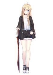 Rule 34 | 1girl, absurdres, ahoge, black footwear, black jacket, black shorts, blonde hair, blue eyes, blush, braid, closed mouth, collarbone, converse, full body, hand on hilt, heterochromia, highres, holding, holding sword, holding weapon, hyonee, jacket, long hair, looking at viewer, original, red eyes, shirt, shoes, shorts, simple background, smile, sneakers, solo, sword, weapon, white background, white shirt