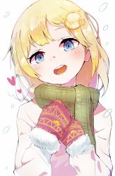 Rule 34 | 1girl, absurdres, blonde hair, blue eyes, blush, fur trim, green scarf, hair ornament, hands up, head tilt, heart, highres, hololive, hololive english, looking at viewer, medium hair, mittens, nendo23, open mouth, pink sweater, scarf, smile, snow, solo, speech bubble, spoken heart, sweater, tareme, teeth, upper body, virtual youtuber, watson amelia