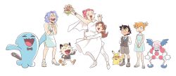 Rule 34 | 3girls, 4boys, absurdres, ahoge, alternate hairstyle, armpits, arms behind back, ash ketchum, blue hair, blush, bouquet, bow, bowtie, bridal veil, brown hair, closed eyes, commentary, creatures (company), crossdressing, delia ketchum, dress, earrings, english commentary, flower, formal, game freak, gen 1 pokemon, gen 2 pokemon, green hair, high heels, highres, holding, holding bouquet, interlocked fingers, james (pokemon), jessie (pokemon), jewelry, kiana mai, lipstick, long hair, makeup, meowth, misty (pokemon), mother and son, mr. mime, multiple boys, multiple girls, necklace, necktie, nintendo, open mouth, pikachu, pokemon, pokemon (anime), pokemon (creature), red hair, ring, shoes, short hair, shorts, simple background, smile, suit, tears, teeth, upper teeth only, veil, wedding dress, wedding ring, white background, wife and wife, wobbuffet, yuri