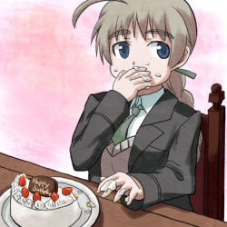 Rule 34 | 00s, 1girl, ahoge, amino (trude), bad id, bad pixiv id, blue eyes, braid, breasts, brown hair, cake, eating, female focus, food, gradient background, happy birthday, long hair, lynette bishop, medium breasts, pastry, single braid, solo, strike witches, world witches series