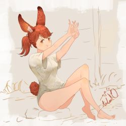 Rule 34 | aidenr0, animal ears, bare legs, barefoot, brown eyes, rabbit ears, rabbit tail, feet, hands together, hands up, looking at viewer, loose clothes, loose shirt, pout, red hair, shirt, tail, thighs