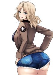 10s 1girl ass black_shirt blonde_hair blue_eyes blue_shorts blush breasts brown_jacket cowboy_shot denim denim_shorts emblem female_focus from_behind girls_und_panzer hair_intakes hands_on_own_hips hifumi_hajime highres jacket kay_(girls_und_panzer) large_breasts long_hair looking_at_viewer looking_back military military_uniform open_clothes open_jacket open_mouth parted_lips shirt short_shorts shorts simple_background smile solo standing star_(symbol) white_background