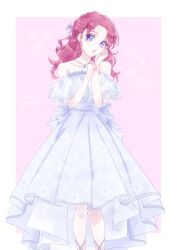 Rule 34 | 1girl, bare shoulders, dress, flower, gundam, gundam seed, gundam seed freedom, hair flower, hair ornament, highres, jewelry, leafmoon 222, long hair, looking at viewer, meyrin hawke, necklace, open mouth, purple eyes, red hair, sleeveless, sleeveless dress, solo, white dress