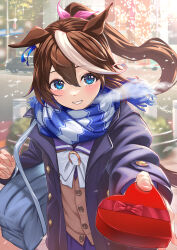 Rule 34 | 1girl, animal ears, bag, blue eyes, blush, bow, bowtie, box, breath, brown hair, car, card, coat, diffraction spikes, gift, gift box, heart-shaped box, highres, holding, holding gift, horse ears, horse girl, horse tail, long hair, long sleeves, motor vehicle, multicolored hair, nabe puyo, open clothes, open coat, open mouth, outdoors, outstretched arm, ponytail, pov, purple skirt, reaching, reaching towards viewer, scarf, school bag, skirt, solo, streaked hair, tail, tokai teio (umamusume), umamusume, upper body, valentine