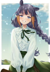 Rule 34 | 1girl, animal ears, black hair, blue eyes, braid, brown hair, center frills, collared shirt, day, frills, gradient hair, green ribbon, green skirt, grin, highres, hololive, hololive english, long hair, long sleeves, looking at viewer, low twintails, multicolored hair, neck ribbon, ninomae ina&#039;nis, puffy long sleeves, puffy sleeves, ribbon, shiao, shirt, skirt, smile, solo, twin braids, twintails, very long hair, virtual youtuber, white shirt