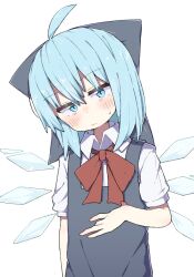 Rule 34 | 1girl, ahoge, blue bow, blue dress, blue eyes, blue hair, blush, bow, bowtie, check commentary, cirno, collared shirt, commentary request, detached wings, dot nose, dress, expressionless, fairy wings, hair bow, hand on own stomach, highres, ice, ice wings, kae karee, looking at viewer, medium hair, pinafore dress, red bow, red bowtie, shirt, simple background, sleeveless, sleeveless dress, solo, sweatdrop, touhou, white background, white shirt, wings