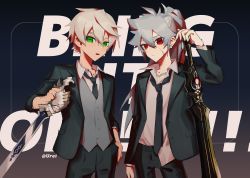Rule 34 | 2boys, alternate costume, alternate hairstyle, text background, bandaid, bandaid on face, bandaid on nose, bennett (genshin impact), black jacket, black necktie, black pants, closed mouth, commentary, english text, genshin impact, greatsword, green eyes, grey vest, highres, holding, holding sword, holding weapon, jacket, long hair, long sleeves, male focus, multiple boys, necktie, pants, parted lips, ponytail, razor (genshin impact), red eyes, scar, scar on face, shirt, simple background, sword, symbol-only commentary, tassel, twitter username, u0rei, very long hair, vest, weapon, white shirt
