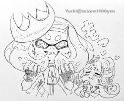 Rule 34 | 2girls, :&gt;, blush, breasts, closed eyes, closed mouth, fingerless gloves, furrowed brow, gloves, grin, hands up, headphones, heart, holding, holding own hair, inkling, interlocked fingers, isamu-ki (yuuki), long hair, looking at viewer, marina (splatoon), medium breasts, medium hair, mole, mole under mouth, monochrome, motion lines, multiple girls, nintendo, octoling, own hands clasped, own hands together, pearl (splatoon), simple background, smile, splatoon (series), splatoon 2, suction cups, traditional media, white background, zipper pull tab
