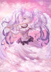 Rule 34 | 1girl, artist name, bad id, bad pixiv id, blush, breasts, closed mouth, highres, holding, holding instrument, instrument, instrument request, large breasts, long hair, long sleeves, looking at viewer, music, one eye closed, original, playing instrument, purple eyes, roang, silver hair, smile, solo, twintails