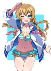 Rule 34 | 1girl, absurdres, arm up, bikini, blue background, blue bikini, blue eyes, blush, border, braid, breasts, brown hair, collarbone, commentary, cowboy shot, dot nose, floating hair, front-tie bikini top, front-tie top, hair tie, highres, idolmaster, idolmaster million live!, idolmaster million live! theater days, jacket, kousaka umi, long hair, long sleeves, looking at viewer, medium breasts, navel, neckerchief, one eye closed, open clothes, open hands, open jacket, open mouth, outside border, red neckerchief, smile, solo, standing, striped bikini, striped clothes, swimsuit, teeth, twin braids, unworn neckerchief, upper teeth only, white border, white jacket, zaza (zahaoming)