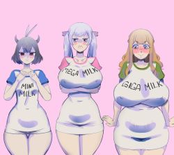 3girls absurdres black_clover black_hair blush breasts curvy frown green_eyes highres horn huge_breasts large_breasts long_hair looking_at_viewer mimosa_vermillion multiple_girls noelle_silva orange_hair pink_background purple_eyes red_eyes scharlottelambo secre_swallowtail shirt short_hair simple_background small_breasts smile thick_thighs thighs twintails white_hair wide_hips