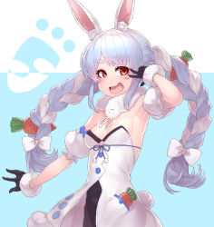Rule 34 | 1girl, :d, animal ear fluff, animal ears, arm up, armpits, bad id, bad pixiv id, bare shoulders, black gloves, black leotard, black pantyhose, blue hair, braid, breasts, carrot hair ornament, character name, clothing cutout, coat, coat dress, cowboy shot, detached sleeves, don-chan (usada pekora), dress, eyelashes, food-themed hair ornament, fur-trimmed coat, fur-trimmed gloves, fur scarf, fur trim, gloves, hair ornament, highres, hikimayu, hololive, leotard, leotard under clothes, long hair, looking at viewer, multicolored hair, open mouth, orange eyes, outstretched arm, pantyhose, playboy bunny, puffy short sleeves, puffy sleeves, rabbit ears, rabbit girl, rabbit tail, red eyes, scarf, short eyebrows, short sleeves, small breasts, smile, solo, strapless, strapless coat, strapless dress, strapless leotard, swept bangs, tail, thick eyebrows, twin braids, twintails, two-tone hair, underboob cutout, usada pekora, usada pekora (1st costume), v over eye, virtual youtuber, white coat, white hair, white scarf, white sleeves, yu mochi (kamiinu)