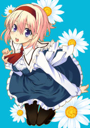 Rule 34 | 1girl, adapted costume, alice margatroid, ascot, black pantyhose, blonde hair, blue dress, blue eyes, breasts, daisy, dress, female focus, floral background, flower, full body, hairband, lace, long sleeves, looking at viewer, open mouth, pantyhose, plant, short hair, simple background, solo, touhou, uro (urotanc)