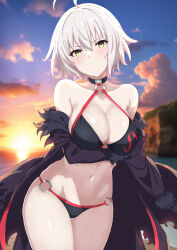 Rule 34 | 1girl, absurdres, ahoge, alternate hairstyle, beach, bikini, black bikini, black jacket, blush, breasts, cleavage, cloud, commentary request, curio (curiofinity), fate/grand order, fate (series), hair between eyes, highres, jacket, jeanne d&#039;arc alter (fate), jeanne d&#039;arc alter (swimsuit berserker) (fate), large breasts, looking at viewer, navel, o-ring, o-ring bikini, off shoulder, outdoors, short hair, sky, solo, stomach, sunset, swimsuit, thighs, water, white hair, yellow eyes