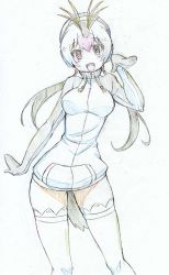 Rule 34 | 10s, 1girl, :d, absurdres, black hair, black jacket, blush, colored pencil (medium), commentary request, cowboy shot, drawstring, gluteal fold, headphones, highres, jacket, kemono friends, kitazinger, light blush, long hair, long sleeves, looking at viewer, low twintails, multicolored hair, open mouth, pink hair, raglan sleeves, red eyes, royal penguin (kemono friends), smile, solo, standing, tail, thighhighs, thighs, traditional media, twintails, white hair, white thighhighs