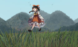 Rule 34 | 1girl, ascot, black footwear, black hair, blurry, blurry background, bow, collar, day, detached sleeves, closed eyes, frilled bow, frilled skirt, frills, full body, gohei, grass, hair bow, hair tubes, hakurei reimu, highres, japanese clothes, mary janes, matsukuzu, medium hair, miko, mountain, mountainous horizon, music, musical note, open mouth, outdoors, quarter note, red bow, red shirt, red skirt, ribbon-trimmed sleeves, ribbon trim, shirt, shoes, sidelocks, singing, skirt, skirt set, sky, sleeveless, socks, solo, touhou, walking, white collar, white socks, wide sleeves, yellow ascot