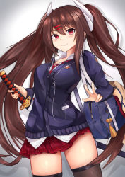 Rule 34 | 1girl, azur lane, bag, bell, blue cardigan, blush, brown hair, brown thighhighs, cardigan, cellphone, closed mouth, collared shirt, commentary request, cowboy shot, earbuds, earphones, fingernails, gradient background, grey background, hair between eyes, hair ornament, hairclip, haruna (azur lane), haruna (free time before class) (azur lane), head tilt, highres, holding, holding sword, holding weapon, horns, jingle bell, katana, long hair, long sleeves, looking at viewer, nail polish, necktie, phone, pink nails, plaid, plaid skirt, pleated skirt, red eyes, red necktie, red skirt, ryara, school bag, shadow, sheath, sheathed, shirt, sidelocks, skirt, smile, solo, sword, thighhighs, twintails, v, very long hair, weapon, white background, white shirt