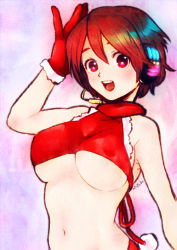 Rule 34 | 1girl, breasts, brown hair, christmas, crop top, gloves, halterneck, headphones, headset, large breasts, meiko (vocaloid), midriff, navel, open mouth, pettan (satm), red eyes, red gloves, red theme, santa costume, scarf, short hair, solo, underboob, vocaloid