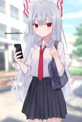 Rule 34 | 1girl, alternate costume, bag, black skirt, blurry, blurry background, blush, bow, cellphone, closed mouth, collared shirt, commentary request, cowboy shot, fujiwara no mokou, grey hair, hair bow, highres, holding, holding phone, long hair, looking at viewer, momomaron, necktie, outdoors, phone, pleated skirt, red bow, red eyes, red necktie, shirt, shoulder bag, skirt, sleeves past elbows, smartphone, solo, touhou, twitter username, very long hair, white bow, white shirt