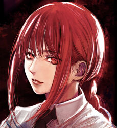 Rule 34 | 1girl, black necktie, braid, chainsaw man, close-up, collared shirt, commentary request, highres, light smile, long hair, looking at viewer, makima (chainsaw man), necktie, parted lips, red eyes, red hair, ringed eyes, shirt, sidelocks, sketch, solo, ueda metawo, white shirt