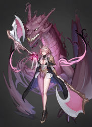 Rule 34 | 1girl, absurdres, armor, axe, black footwear, blurry, blurry background, breasts, cleavage, closed mouth, commentary, double-sided polearm, double sided axe, dragon, fantasy, gradient background, grey background, high heels, highres, holding, holding axe, holding ribbon, holding weapon, looking at viewer, mac star, magic, medium breasts, orange eyes, original, pink hair, pink legwear, revealing clothes, ribbon, short hair, shoulder armor, single leg pantyhose, skirt, solo, tiara, weapon, white skirt