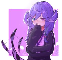 Rule 34 | 1girl, black sweater, blue eyes, blush, braid, commentary, embarrassed, english commentary, hair between eyes, hair ornament, hairclip, head wings, heterochromia, highres, lanyard, looking at viewer, nijisanji, nijisanji en, purple eyes, purple hair, selen tatsuki, selen tatsuki (1st costume), sleeves past wrists, solo, sweater, tail, tail wagging, twin braids, virtual youtuber, wings, yan (yanillust)