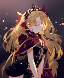 Rule 34 | 1girl, black background, blonde hair, bow, cape, chinese commentary, closed eyes, earrings, ereshkigal (fate), eyelashes, fate/grand order, fate (series), feet out of frame, flower, gradient background, hair bow, hair ribbon, instocklee, jewelry, long hair, parted bangs, petals, red eyes, ribbon, solo, tiara, tohsaka rin, two side up, very long hair