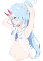 Rule 34 | 1girl, absurdres, armpits, bare arms, bikini, bikini top only, blue archive, blue hair, blue halo, blush, chise (blue archive), chise (swimsuit) (blue archive), halo, highres, icetea (8862), light blue hair, looking at viewer, navel, official alternate costume, official alternate hairstyle, presenting armpit, purple eyes, side ponytail, simple background, solo, swimsuit