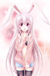 Rule 34 | 1girl, alternate costume, animal ears, black bra, black thighhighs, bra, casual, finger to mouth, highres, long hair, open clothes, pink hair, rabbit ears, red eyes, reimei (r758120518), reisen udongein inaba, solo, thighhighs, touhou, underwear, very long hair