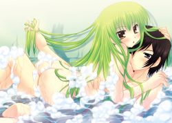 Rule 34 | 00s, 1boy, 1girl, :o, araiguma, arched back, ass, bath, bathing, bent over, black hair, blush, body soaping, breast press, breasts, bubble bath, c.c., code geass, completely nude, couple, foam, from side, frottage, frown, girl on top, green hair, hair over one eye, hand in another&#039;s hair, hand on another&#039;s shoulder, hetero, hug, indoors, knee up, lelouch vi britannia, long hair, looking back, medium breasts, mixed-sex bathing, nipples, nude, puffy nipples, purple eyes, reclining, shadow, shared bathing, short hair, sideboob, soap, soap bubbles, straddling, thigh straddling, torso grab, very long hair, water, wet, yellow eyes