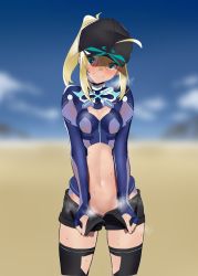 Rule 34 | 1girl, absurdres, ahoge, artoria pendragon (fate), baseball cap, black hat, black shorts, black thighhighs, blue eyes, blue shirt, blue sky, blurry, blurry background, blush, breasts, cleavage cutout, closed mouth, clothing cutout, crop top, fate/grand order, fate (series), hair between eyes, hair through headwear, hat, highres, jikatarou, long hair, long sleeves, looking at viewer, mysterious heroine x (fate), mysterious heroine x (third ascension) (fate), navel, open fly, rojiura satsuki: chapter heroine sanctuary, shirt, shorts, sidelocks, sky, small breasts, smile, solo, sweat, thighhighs, thighs