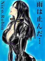 Rule 34 | 1girl, black gloves, breasts, cleavage, cleavage cutout, clothing cutout, dress, full body, gloves, gmotida, hand on own hip, high heels, huge breasts, large breasts, long hair, nico robin, one piece