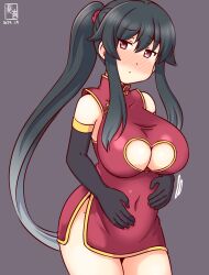 Rule 34 | 1girl, artist logo, black gloves, black hair, blush, breasts, brown background, china dress, chinese clothes, cleavage, dress, elbow gloves, embarrassed, gloves, hair between eyes, hungry, kanon (kurogane knights), kantai collection, large breasts, long hair, looking at viewer, one-hour drawing challenge, ponytail, red eyes, smile, solo, very long hair, yahagi (kancolle)