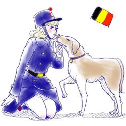 Rule 34 | 1girl, animal, artist request, belgian flag, belgium, blonde hair, dog, hat, military, military uniform, original, uniform, world war i, yokkoishoichi