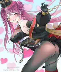 Rule 34 | 1girl, ass, belt, black coat, black hat, black leotard, blush, breasts, cleavage, coat, covered navel, eyepatch, gold trim, grey pantyhose, hair bun, hat, highres, hololive, houshou marine, jewelry, lace trim, large breasts, leotard, long hair, looking at viewer, multicolored hair, off shoulder, official alternate costume, open mouth, pantyhose, peaked cap, pink hair, pupugigi, red hair, ribbon, shako cap, single side bun, smile, solo, streaked hair, thighhighs, virtual youtuber, yellow eyes