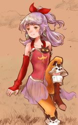 Rule 34 | 1girl, adelle (fft), bare shoulders, boots, bow, closed mouth, detached sleeves, earrings, final fantasy, final fantasy tactics a2, final fantasy tactics advance, hair bow, jewelry, long hair, ma-hain-scarlet, pants, ponytail, purple hair, ribbon, skirt, smile, solo, yellow eyes