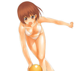 Rule 34 | 00s, 1girl, :o, a1 (initial-g), ball, bent over, bikini, blush, bowling, bra, breasts, breasts apart, brown eyes, brown hair, crossed legs, downblouse, hagiwara yukiho, holding, idolmaster, idolmaster (classic), idolmaster 1, lingerie, looking at viewer, navel, open mouth, outstretched arm, panties, playing, shiny skin, short hair, simple background, solo, swimsuit, throwing, underwear, white background, white bikini