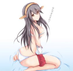 Rule 34 | 1girl, bare shoulders, barefoot, black hair, breasts, brown eyes, detached sleeves, from side, hair between eyes, hair ornament, hairclip, haruna (kancolle), highres, kantai collection, large breasts, long hair, mable, panties, sarashi, seiza, simple background, sitting, skirt, unworn skirt, solo, underwear, white background, white panties