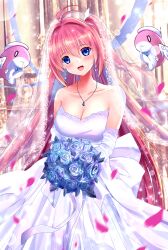 Rule 34 | 1girl, :d, absurdres, antenna hair, ao no kanata no four rhythm, bare shoulders, blue eyes, blue flower, blue gemstone, blue rose, blurry, blush, bouquet, breasts, bridal veil, cleavage, collarbone, commentary, depth of field, dress, earrings, elbow gloves, falling petals, feet out of frame, floral print, flower, gem, gloves, hair between eyes, hair intakes, happy, head tilt, highres, holding, holding bouquet, izumikuu, jewelry, kurashina asuka, large breasts, light particles, long dress, long hair, looking at viewer, necklace, one side up, open mouth, petals, pink hair, ribbon, rose, smile, solo, standing, straight hair, strapless, strapless dress, veil, very long hair, wedding, wedding dress, white dress, white gloves, white ribbon, wing hair ornament