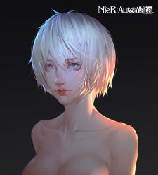 Rule 34 | 1girl, absurdres, ace (pixiv3709045), blue eyes, breasts, cleavage, collarbone, copyright name, dark background, female focus, highres, large breasts, looking at viewer, mole, mole under mouth, nier (series), nier:automata, short hair, silver hair, simple background, solo, topless frame, upper body, 2b (nier:automata)