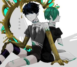 Rule 34 | 2others, androgynous, back-to-back, bad id, bad twitter id, blue eyes, blue hair, broken, colored skin, copyright name, crack, crystal hair, dual persona, gem uniform (houseki no kuni), golden arms, green hair, hair over eyes, heterochromia, houseki no kuni, looking at viewer, missing limb, multiple others, necktie, phosphophyllite, phosphophyllite (ll), shiyuma (yumoyumoyumoyumo1213), short hair, sitting, spoilers, torn clothes, white eyes, white skin