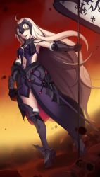 Rule 34 | 1girl, absurdres, ahoge, armor, armored dress, black gloves, blonde hair, boa (brianoa), boots, breasts, chain, clothing cutout, commentary request, dress, dutch angle, fate/grand order, fate (series), full body, fur trim, gauntlets, gloves, gorget, headpiece, high heel boots, high heels, highres, holding, jeanne d&#039;arc (fate), jeanne d&#039;arc alter (avenger) (fate), jeanne d&#039;arc alter (avenger) (third ascension) (fate), jeanne d&#039;arc alter (fate), knee boots, legs apart, long hair, looking at viewer, medium breasts, armored boots, navel, navel cutout, orange eyes, pelvic curtain, purple dress, skull, smile, solo, standing, very long hair
