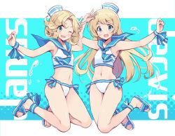Rule 34 | 2girls, :d, alternate costume, anchor symbol, arm up, bare legs, bikini, blonde hair, blue eyes, blue sailor collar, blush, bow, bow bikini, collarbone, dated, dixie cup hat, flat chest, full body, groin, hat, idolmaster, janus (kancolle), jervis (kancolle), kantai collection, long hair, looking at viewer, military hat, multiple girls, navel, odawara hakone, one eye closed, open mouth, outstretched arm, sailor bikini, sailor collar, sailor hat, sailor swimsuit (idolmaster), sandals, short hair, simple background, smile, swimsuit, toes, twitter username, v, water, water drop, white background, white headwear
