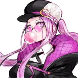 Rule 34 | 1girl, chewing gum, discat, fate/grand order, fate (series), glasses, looking at viewer, lowres, medusa (fate), medusa (saber) (fate), pink-tinted eyewear, pink hair, portrait, purple eyes, simple background, solo, tinted eyewear, white background